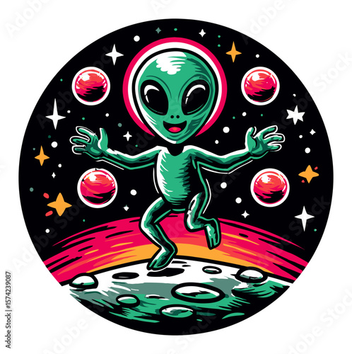 Colorful Cartoon Alien on a Planet with Stars and Cosmic Background