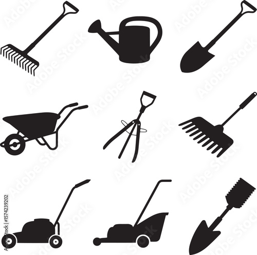 Garden tools collection black silhouettes rake shovel