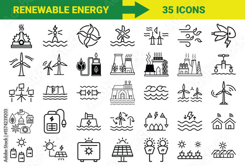 Renewable Energy and Sustainable Power Line Icons Bundle Featuring Solar, Wind, Hydro, Geothermal, Biomass, Energy Storage, Eco Power Plants, and Green Technology Symbols