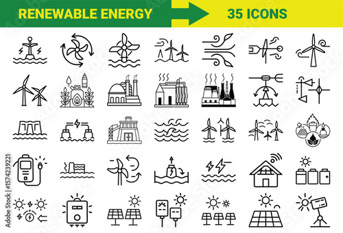 Renewable Energy and Sustainable Power Line Icons Bundle Featuring Solar, Wind, Hydro, Geothermal, Biomass, Energy Storage, Eco Power Plants, and Green Technology Symbols