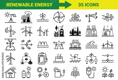 Renewable Energy and Sustainable Power Line Icons Bundle Featuring Solar, Wind, Hydro, Geothermal, Biomass, Energy Storage, Eco Power Plants, and Green Technology Symbols