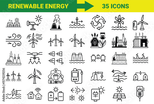 Renewable Energy and Sustainable Power Line Icons Bundle Featuring Solar, Wind, Hydro, Geothermal, Biomass, Energy Storage, Eco Power Plants, and Green Technology Symbols