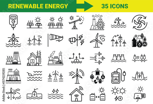 Renewable Energy and Sustainable Power Line Icons Bundle Featuring Solar, Wind, Hydro, Geothermal, Biomass, Energy Storage, Eco Power Plants, and Green Technology Symbols