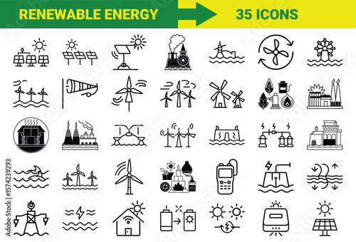 Renewable Energy and Sustainable Power Line Icons Bundle Featuring Solar, Wind, Hydro, Geothermal, Biomass, Energy Storage, Eco Power Plants, and Green Technology Symbols