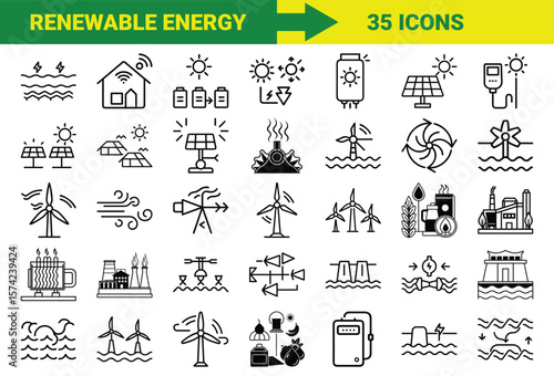 Renewable Energy and Sustainable Power Line Icons Bundle Featuring Solar, Wind, Hydro, Geothermal, Biomass, Energy Storage, Eco Power Plants, and Green Technology Symbols