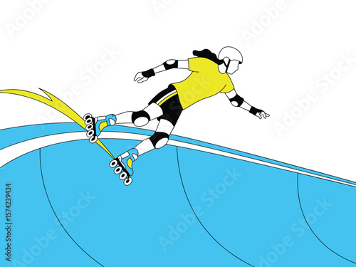 Skater performing a dynamic aerial trick on a roller derby track with blue waves