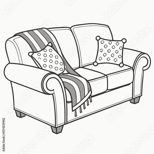 Plush sofa with striped throw and patterned pillows couch furniture
