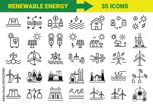 Renewable Energy and Sustainable Power Line Icons Bundle Featuring Solar, Wind, Hydro, Geothermal, Biomass, Energy Storage, Eco Power Plants, and Green Technology Symbols