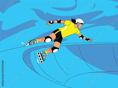 Energetic person in protective gear rollerblading down a curved blue ramp