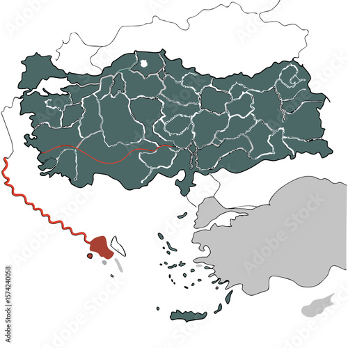 Turkey map with internal divisions and red route geography political