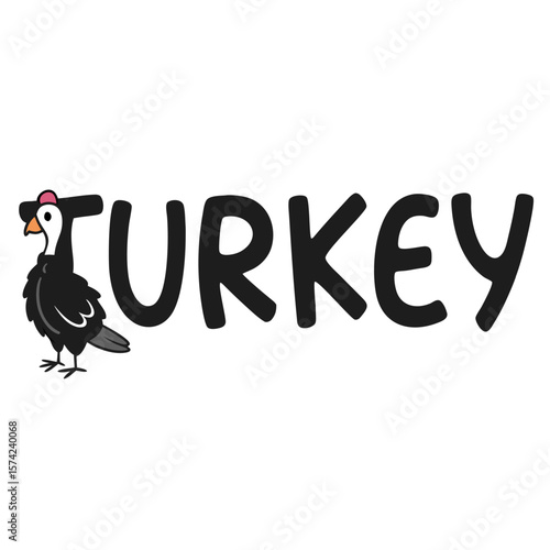 Black turkey bird with word turkey animal white