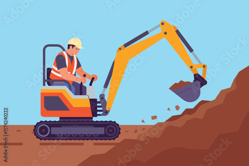 Construction worker operating a mini excavator digging dirt on a sunny day
