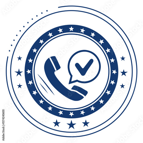 Blue phone handset with check mark in circular badge speech bubble