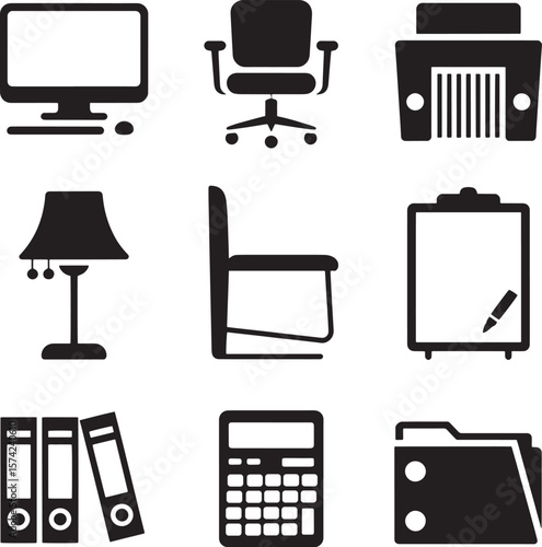 Office equipment icons computer chair lamp shredder clipboard calculator folders monitor keyboard