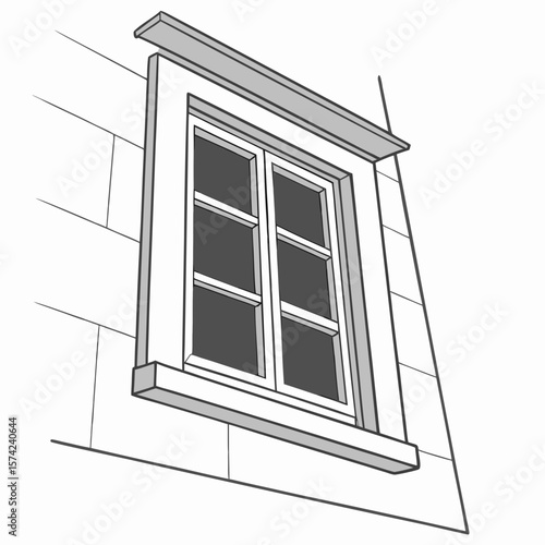 Architectural window with stone facade and grey trim building