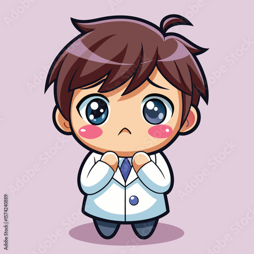 Cute, anime-style cartoon boy doctor with worried expression