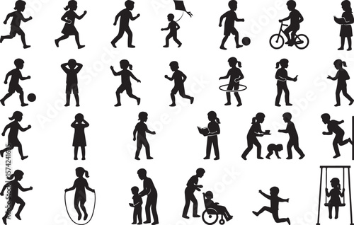 Children Silhouette Icon Pack – Diverse Play & Activity Poses for Education, Wellness & Family Design Projects