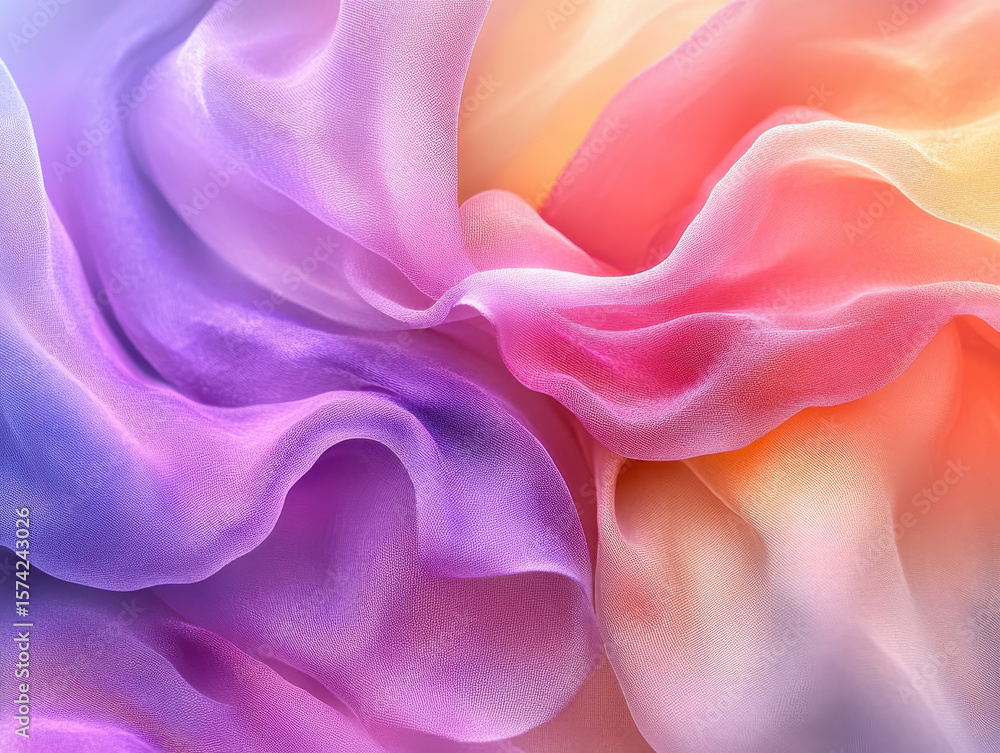 Fototapeta premium Vibrant, flowing fabric in pastel shades of purple, pink, and orange creates dreamy, soft texture. delicate folds and smooth surface evoke sense of elegance and tranquility
