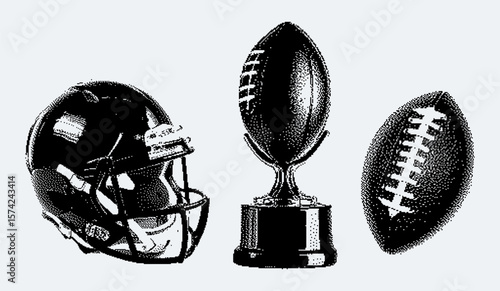 Pixel halftone set of American football gear. Vintage magazine cutout style. Helmet, ball, trophy. Perfect for sports posters, retro designs, merchandise, fan art, and championship graphics.