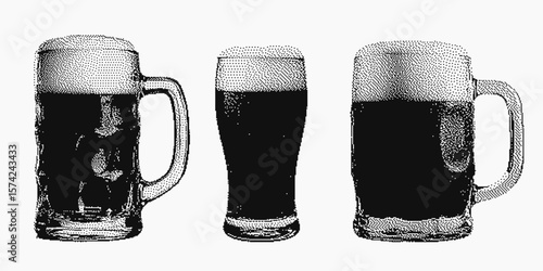 BeerPixel halftone illustration of beer mugs and pint glass with foam. Vintage magazine cutout style. Perfect for Oktoberfest designs, pub menus, posters, bar branding, and craft beer promotions.