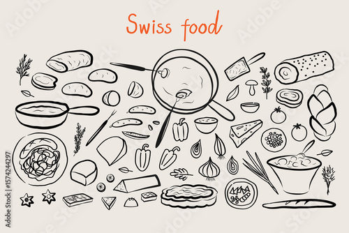 Swiss Cuisine doodle sketch with Raclette, cheese, vegetable, greenery, potatoes, chocolate, Elplermagronen, fondue, beef, dessert. Banner with traditional food Vector illustration isolated background