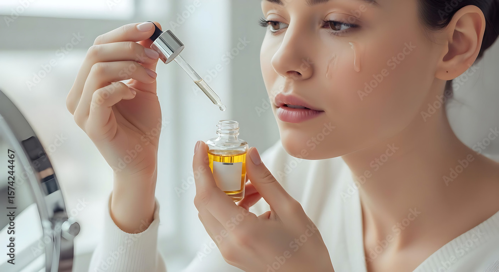 Fototapeta premium A woman is applying facial cream in front of a mirror.
