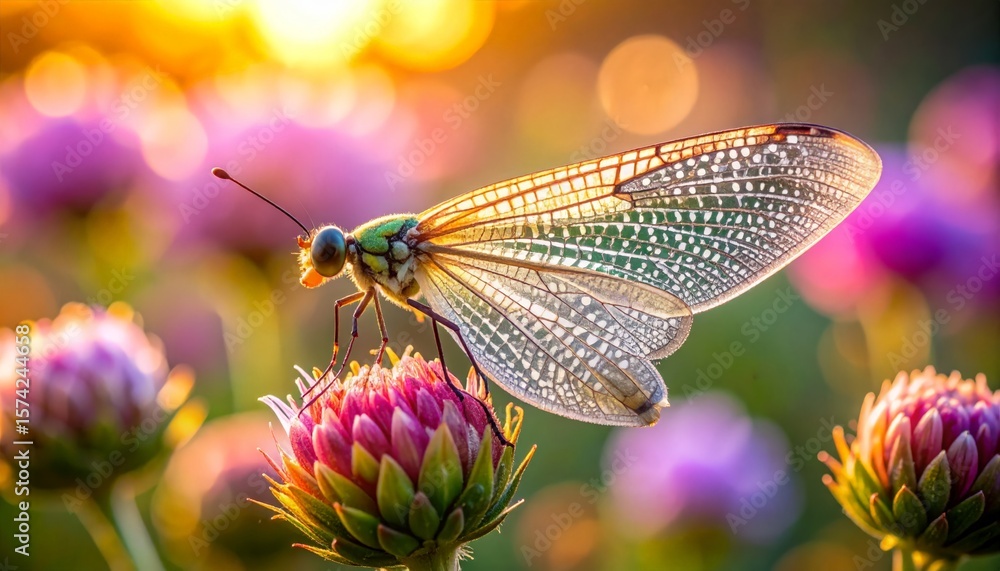 Delicate Lacewing rests on flower bud Delicate Lacewing rests on flower bud