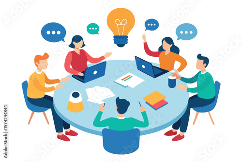 Diverse team collaborating around a table with laptops and a bright idea lightbulb
