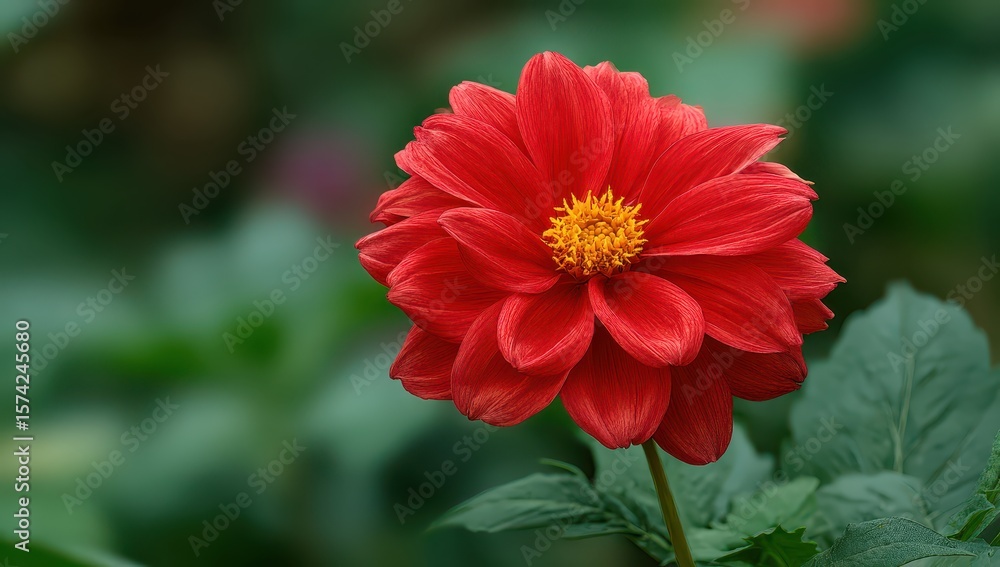 Red Dahlia Flower Blooming in a Garden with Lush Greenery; For botanical usage Red Dahlia Flower Blooming in a Garden with Lush Greenery; For botanical usage