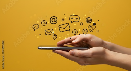 Smartphone with Floating Social Media and Communication Icons, Digital Marketing and Communication Concept on Mobile