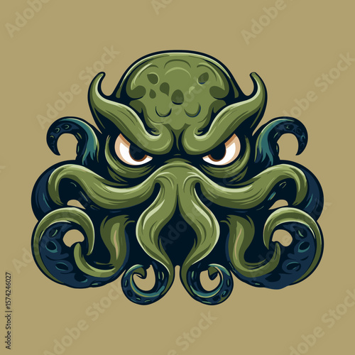 Funny octopus kraken face, vector logo, illustration