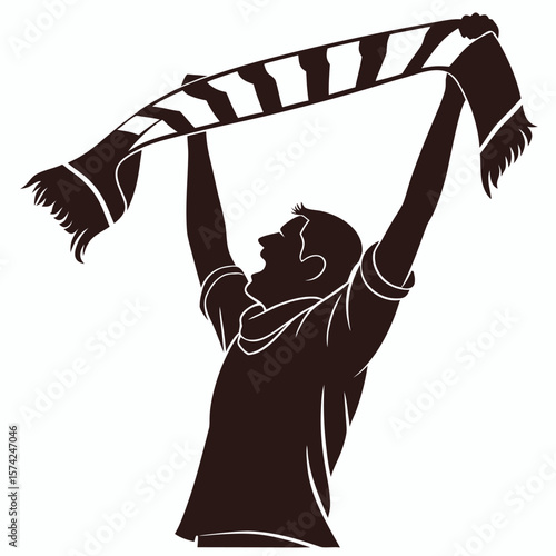 Excited sports fan cheering with a striped scarf held high above their head in celebration