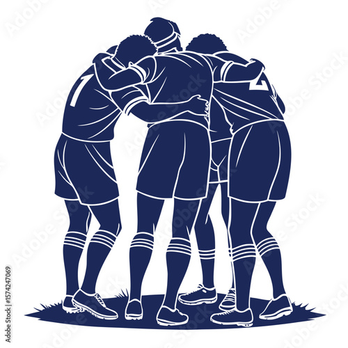 A group of rugby players in a huddle showing unity and teamwork before a match on a grassy field