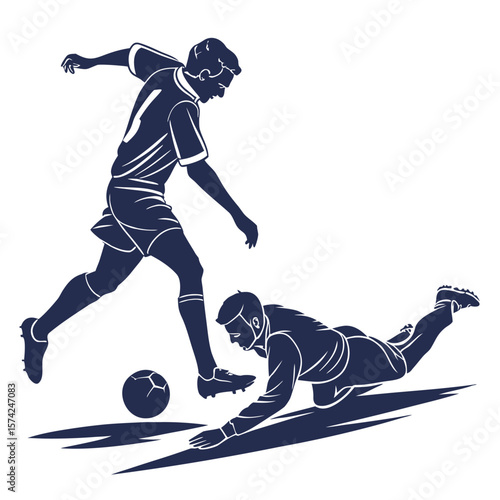 Dynamic silhouette of two soccer players in action with one player tackling the other during a competitive match
