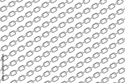Pattern design of silver-colored metal chains, a series of interconnected, usually metal links or rings fitted into one another. Silver chains on white background.