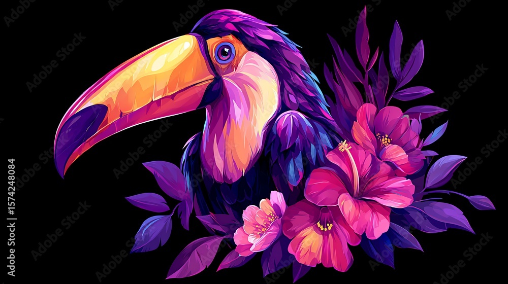 Obraz premium Tropical Toucan Intertwined With Flowers, A Whimsical Bird Portrait With Intricate Details. Soft Pastel Color Palette Illustration. Centered Graphic For T-Shirts, Party Invitations, Or Greeting Cards