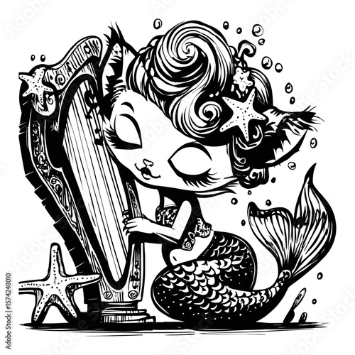 Enchanting Mermaid Playing Harp in a Whimsical Vector Art Style