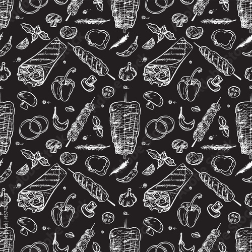 Seamless pattern with shawarma chicken roll, fresh vegetables in chalk texture isolated on black board. Hand drawn vector sketch illustration in vintage charcoal ink style. Wrapping paper, print