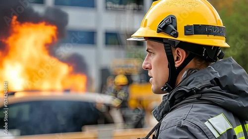 Firefighter monitors intense blaze while responding to emergency call in urban area during daylight hours