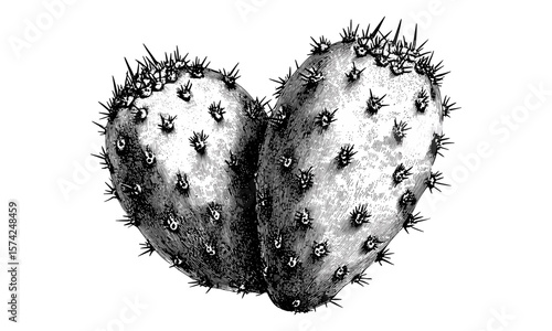 Vintage cactus fruit engraving, hand-drawn prickly pear art, old black ink sketch, botanical desert food decor, retro illustration style, trendy wall print, desert plant artwork