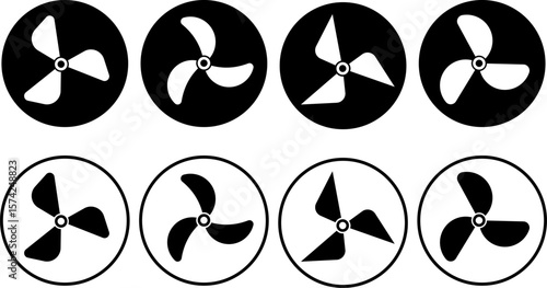 propeller icon set. Electrical temperature equipment. Turbine airflow rotating symbols. Industrial ventilator heating cooling signs
