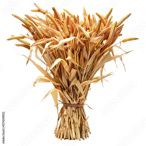 Bunch of dried corn stalks with ears of corn isolated on transparent background