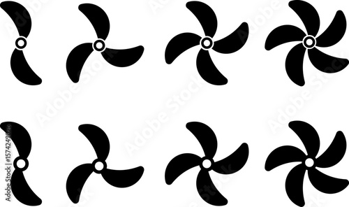 Propeller icon set. propeller for surface drive. Fan speed icons. Conditioning equipment sign. Cooling Fan symbol. Electrical temperature equipment
