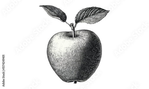 Black ink apple drawing, vintage engraving style, retro fruit artwork, healthy food sketch, antique orchard decor, old hand-drawn print, classic apple illustration, botanical food art,