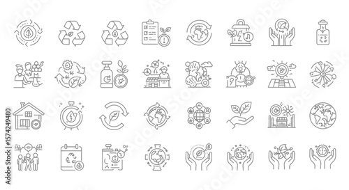 Collection of linear icons representing environmental protection and sustainability concepts.