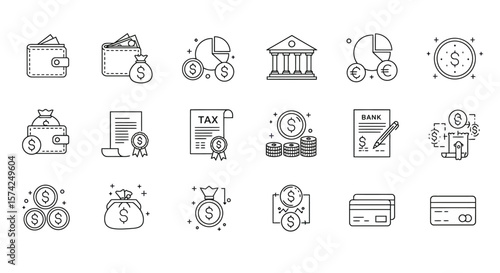 Collection of financial and banking icons, representing money and transactions.
