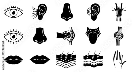 A collection of black and white icons depicting human senses and body parts.
