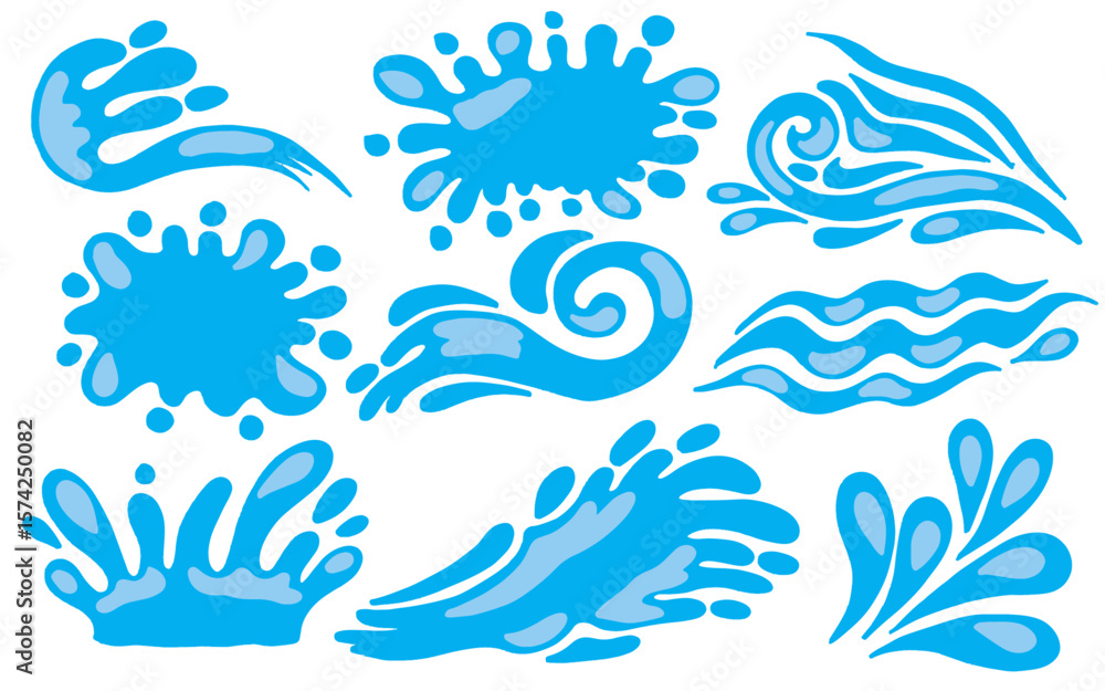 Naklejka premium Dynamic Water splashes cartoon blue water drops vector set. Hand drawn abstract blue water splash elements