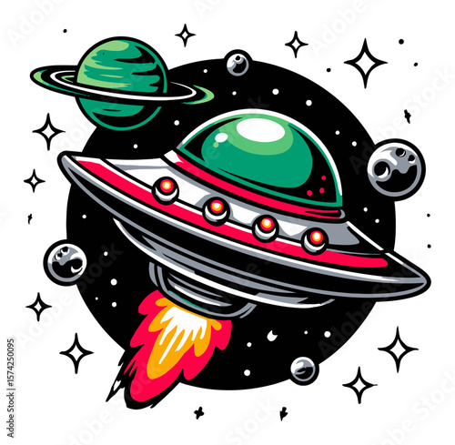 Colorful Cartoon UFO Above Planet with Stars and Moons in Space Scene
