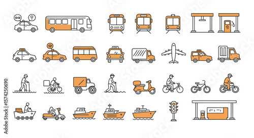 A collection of various transportation icons, representing different vehicles and modes of transport.